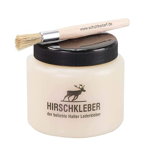 Hirschkleber 600gr + Auftragspinsel - sehr ergiebiger Klebstoff für Leder, Pappe, Filz, Papier, Textilien - Vorzügliche Klebkraft - Kein Geruch, trocknet rasch, schlägt nicht durch, lange haltbar. - Cheap-Us