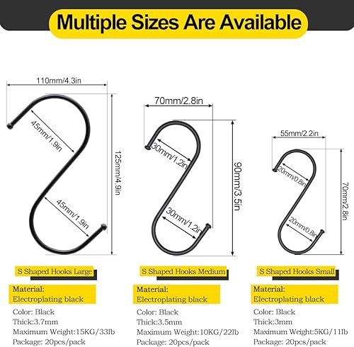 MgcTolBox 20 Stück S-Haken Metall, Haken Schwarz, Schwermetall-S-Haken, geeignet für Küche, Bad, Schlafzimmer und Büro(L, schwarz) - Cheap-Us