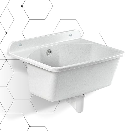 gospo Ausgussbecken mit Siphon, 46 x 37 x 20 cm, Waschbecken aus Kunststoff, Waschtrog für Garage, Keller, Waschküche, Werkstatt, Wandmontage, in Platte, Spülbecken inkl. Zubehör (weiß) - Cheap-Us