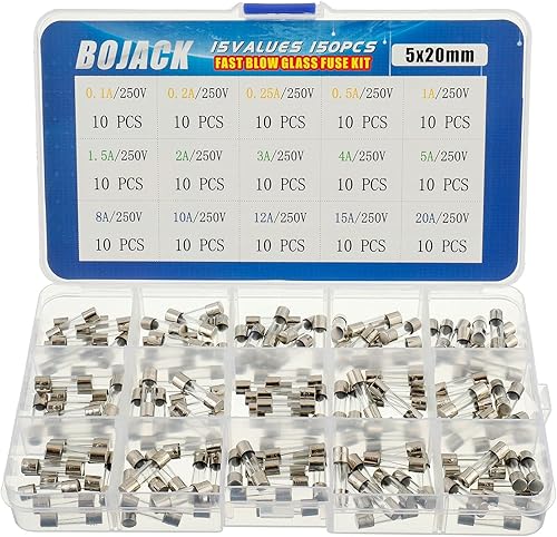 BOJACK 15 Values 150pcs Schnellschlag Glassicherungen Sortiment Set 5x20mm Sicherung 250V Sicherungen 0,1 0,2 0,25 0,5 1 1,5 2 3 4 5 8 10 12 15 20A Verpackung in einer durchsichtigen Kunststoffbox - Cheap-Us