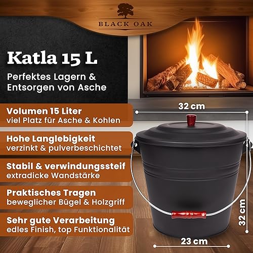 BLACK OAK Ascheeimer KATLA 15L – schwarz Deckel mit Holzknopf - groß 15 Liter - Stahl feuerfest verzinkt & pulverbeschichtet Asche & Kohle Eimer ideales Zubehör für Kamin Kachelofen Holzofen - Cheap-Us