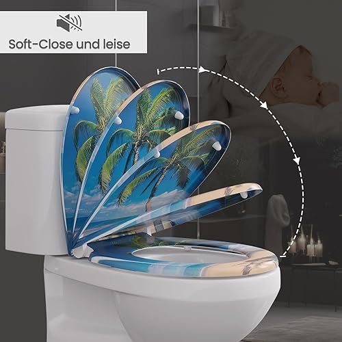 WOLTU Toilettendeckel, WC Sitz mit Absenkautomatik, Klodeckel Klobrille mit Quick-Release-Funktion, O-Form-Toilettensitz mit Motiv, Montage von oben unten, 175 kg belastbar - Cheap-Us