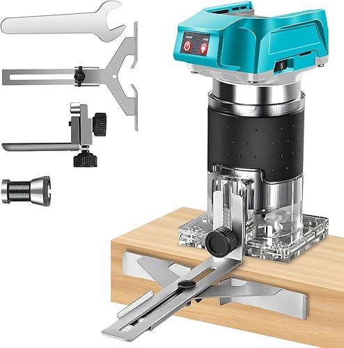 MaxAwe Akku Kantenfräse, Brushless Akku Oberfräse für Makita 18V, 600W Hartmetall Fräser mit Transparente Basis, Led Licht & Spannzangen(6,35mm) Einhand Oberfräsen für Holzbearbeitung ohne Akku - Cheap-Us