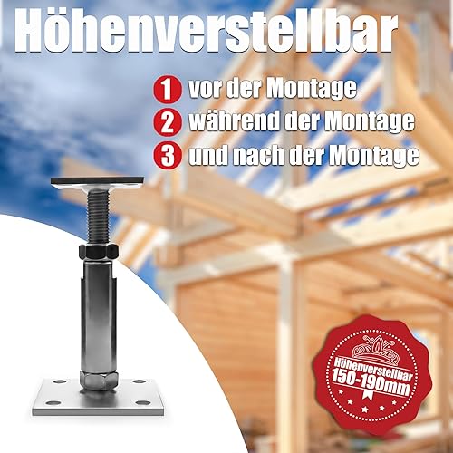 BigDean 4 Stück Pfostenträger höhenverstellbar Höhe 150 – 190mm – verzinkt & zum Aufschrauben - Cheap-Us
