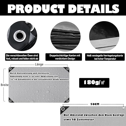 2m x 4m Abdeckplane Gewebeplane 180g/㎡ Wasserdicht Plane mit Ösen Schutzplane Bootsplane Holzplane für Gartenmöbel Poolabdeckung Trampolin Dachplane Reißfest Schimmelresistent Grau/Schwarz - Cheap-Us