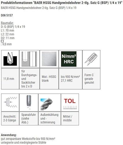 BAER HSSG Handgewindebohrer 2-tlg. Satz G (BSP) 1/4 x 19 - Handgewindebohrer Set - Rohrgewinde - Gewindebohrersatz - Rohrgewindeschneider - Gewindeschneider - Gewinde schneiden - Bohrer - Cheap-Us