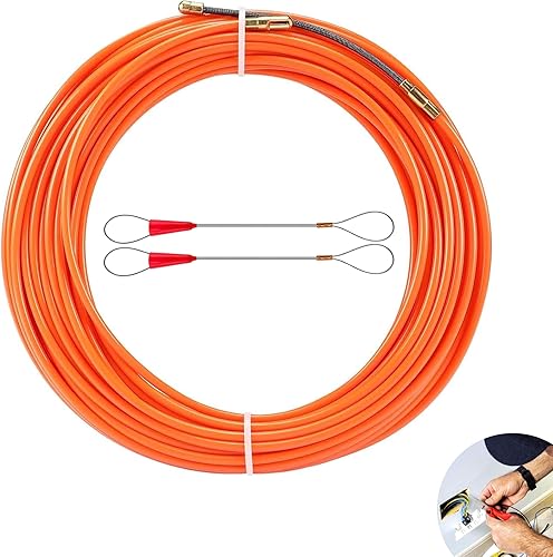 Kabeleinziehhilfe, 20mx4mm Zugdraht für Leerrohre, Mit 2 Führungsfeder, Zugdraht Einziehspirale, Nylon Einziehspirale zur Kabelverlegung Leerrohre(Orange Farbe) - Cheap-Us