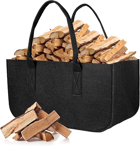 AiQInu Brennholz Filztasche Holzkorb für Kaminholz, Faltbar Feuerholzkorb Schwarz Kaminholztasche Holztasche 50x25x25cm, Einkaufskorb Shopper Filztaschen Aufbewahrungskorb für Holz, Zeitungen - Cheap-Us