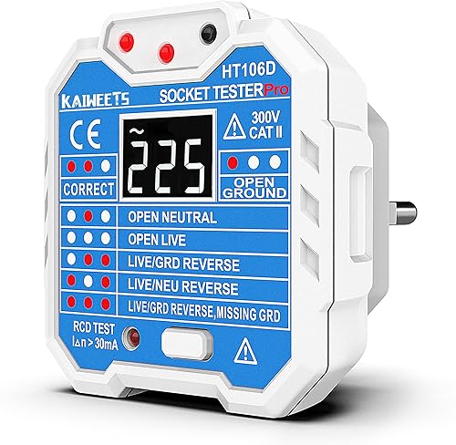 KAIWEETS Steckdosentester mit RCD-Prüfung und LCD-Voltage-Display, 48-250V/45-65Hz, CAT ll 300V zum Messen der Spannung, Untersuchen des Stromkreises. - Cheap-Us