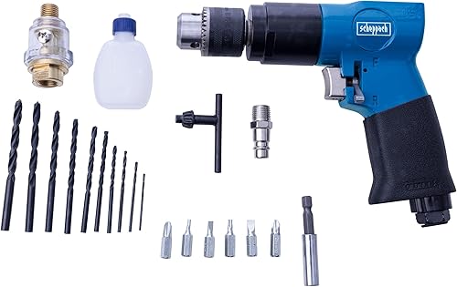 Scheppach Druckluft-Bohrmaschinen-Set | Betriebsdruck max. 6,3 bar | Drehzahl max. 1800 U/min | inkl. 10 x HSS Bohrer, 6x CrV Bits & 1x Bithalter - Cheap-Us