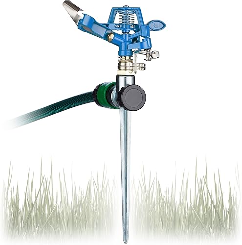 Relaxdays Pulsationssprenger, Gartenbewässerung, 360° Sektorenregner, 24 m Reichweite, Rasensprenger, Metall, blau,28,5 x 11 x 6 cm - Cheap-Us