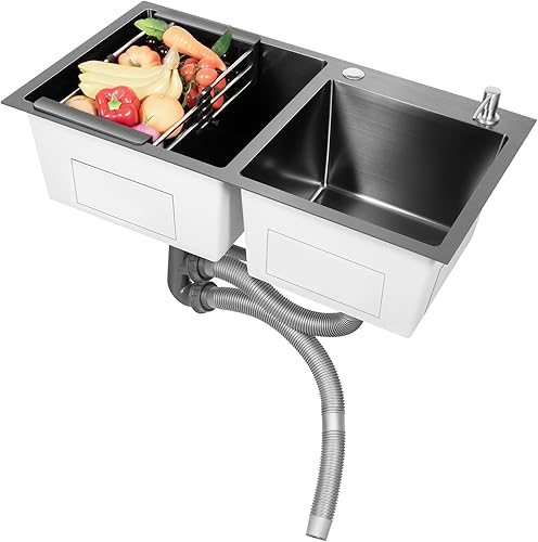 Doppelspüle Schwarz 78 * 43 * 22 cm, Spülbecken Küchenspüle Edelstahl mit Abtropffläche und Seifenspender, Waschbecken Küche Set Einbauspüle mit Ablaufgestell mit 11 cm Kaliber - Cheap-Us