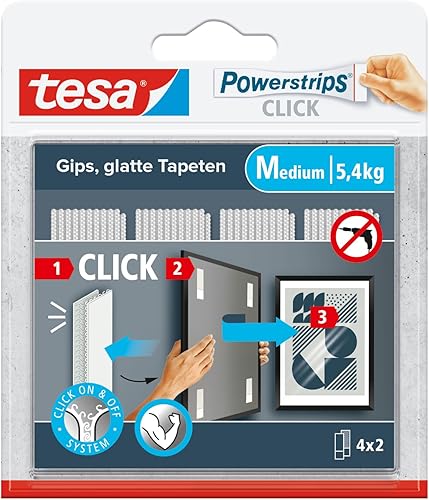 tesa Powerstrips CLICK - Klett-Klebepads zum An- und Abklicken von Bilderrahmen und Wanddekorationen ohne Bohren - selbstklebende Klettband-Strips mit ON und OFF Click-System - Medium - 4 x 2 Stück - Cheap-Us