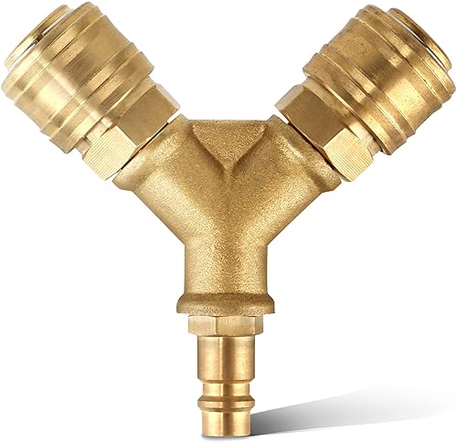LAIWOO Druckluftverteiler 2-fach mit Kupplungen, 1/4-Zoll Luftschlauch Schnellkuppler Verteiler, Messing Kupplungsstecker mit Außengewinde NW 7,2 Druckluft Y Verteiler - Cheap-Us
