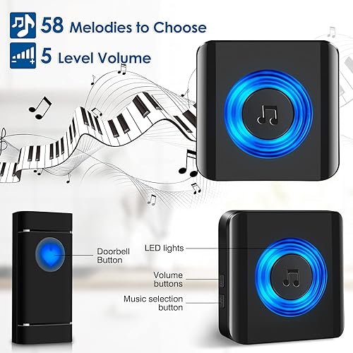 Funkklingel, Satisure Wasserdicht Türklingel Funk Set 400M/1300FT Reichweite, Haustür Klingel IP55 Aussen/58 Melodien/5 Lautstärkestufen(2 Sender und 4 Empfänger) - Cheap-Us