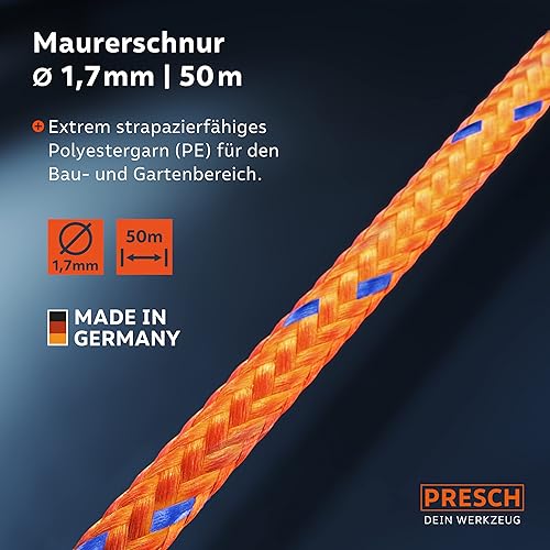 Presch Maurerschnur 50m | ⌀2,0mm | Polyester | Reißfeste, witterungsbeständige Richtschnur mit Spule | Knotenfeste Bauschnur - Extrem langlebig und hochwertig - Cheap-Us