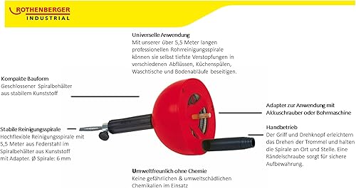 ROTHENBERGER Industrial Rohrreinigungsspirale 4,5 m lang |verstopfte Abflüsse | geeignet für Bohrmaschine & Akkuschrauber | Abflussreiniger | Abflussspirale | Rohrreinigung in Bad oder Küche 072990E - Cheap-Us