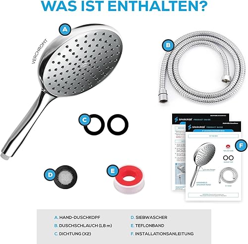 SparkPod Hochdruck Handbrause mit 6 Funktionen - Breiter Winkel - Luxus Design - Duschkopf Regendusche mit Stoppfunktion - Regenduschkopf - Duschkopf Massage - Starker Strahl - (Chrome) - Duschköpfe - Cheap-Us