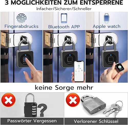 Vorhängeschloss Fingerabdruck, Eseesmart Schloss Fingerabdruck, Bluetooth Fingerabdruck IOS Watch, Wasserdicht Vorhängeschlöss für Fitnessstudio, Gepäck, Lagerhäuser, Frachtauto, Garage, Spind - Cheap-Us