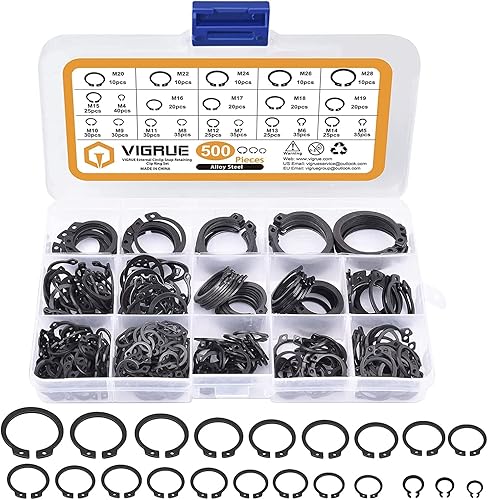 VIGRUE 500tlg Sprengring Sortiment Sicherungsring Set 21 Größe Kohlenstoffstahl E-Clip Externe Haltering Externes C-Clips Geteilte Schnallen Innen-Seegering Unterlegscheiben, M4-M28 mit Kunststoffbox - Cheap-Us