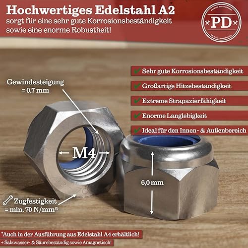PD® Selbstsichernde Muttern M10 (DIN 982 / ISO 7040) | Sicherungsmuttern aus Edelstahl A2 V2A | Sechskantmuttern mit Kunststoffklemmteil | Stoppmuttern Kontermuttern Set | 10 Stück - Cheap-Us