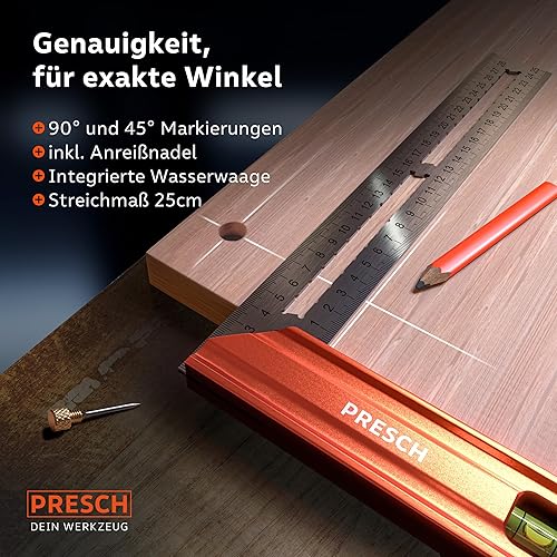 Presch Anschlagwinkel 300mm - Hochpräzise & Rostfrei - Innovatives Streichmaß 30cm - Exakter Schreinerwinkel inkl. Wasserwaage & Anreißnadel für ultimative Vielseitigkeit - Perfekte 90° & 45° - Cheap-Us