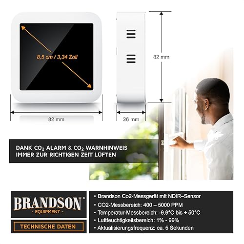 Brandson - CO2 Melder Messgerät Luftqualitätsprüfer, Kohlenstoffdioxid Sensor Messung PPM, Co2 Anzeige, Raumluft Lüftungsampfehlung Alarm, Wecker, Temperatur Thermometer, Luftfeuchtigkeit Hygrometer - Cheap-Us