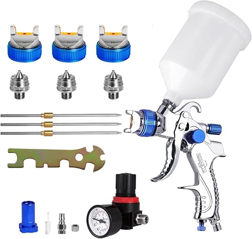 HVLP Lackierpistole Spritzpistole 3 Düsen 1,4mm 1,7mm 2,0mm Profi Farbsprühsystem Spraypistole mit 600 ml Plastikbecher Mit Luftdruckregler für Auto-Autodetail-Lackierung (Blau) - Cheap-Us