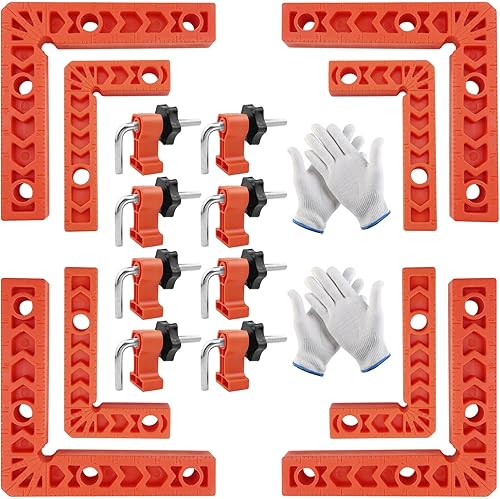 SDwfxd 8 Stk Positionierwinkel, 3' 4' Kunststoff Rechts 90 Grad Winkel Klemme, mit 8 Stk Klemmen, 4 Stk Arbeitshandschuhe, Winkelspanner 90 Grad für Holzbearbeitung, Bilderrahmen, Boxen, Schränke, Sch - Cheap-Us