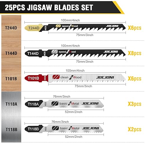 JOEJONI Stichsägeblätter Set, 25tlg T-Schaft Stichsägeblätter, Sägeblätter Stichsäge mit Aufbewahrungskoffer, Stichsägen Zubehör für Holz, Kunststoff und Metall - Cheap-Us