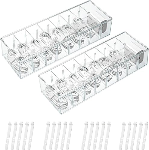 2 Stück Kabel Aufbewahrungsbox,ZCXG Transparent Kabel Organizer Box,Kabel Organizer Box 8 Fächer,Cable Management Box mit 20 Kabelbindern, für Schreibtisch Aufbewahrung, Büro, Heimgebrauch - Cheap-Us