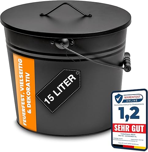 ORA-TEC Ascheeimer mit Deckel - 15 Liter 24 x 33 x 30,5 cm - Kohleeimer Kamineimer in matt Schwarz mit Deckel und Tragegriff für Kohle und Asche - Kamin, Ofen, Grill - Cheap-Us