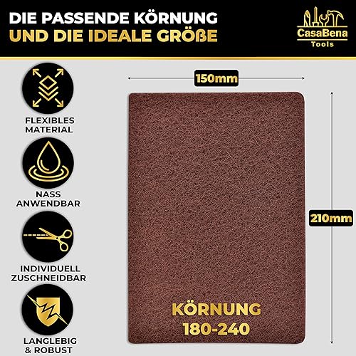 CasaBena® - 6er Set Schleifvlies für Holz, Metall, Lack & Edelstahl - MADE IN GERMANY - Schleifpapier & Schleifpads 5 Pads mit Körnungen [100-1000] + 1 Reinigungsvlies ohne Körnung 150x210mm fein-grob - Cheap-Us