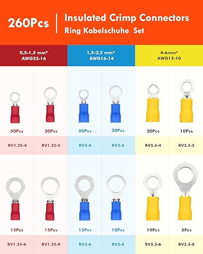 Gorffy Ringkabelschuhe, 260 Stücke kabelschuhe set, 0,5-6mm² Ringösen Kabelschuhe, Ø M4/M5/M6/M8 Ringkabelschuhe Set, Kabelschuhe Quetschverbinder Sortiment - Cheap-Us