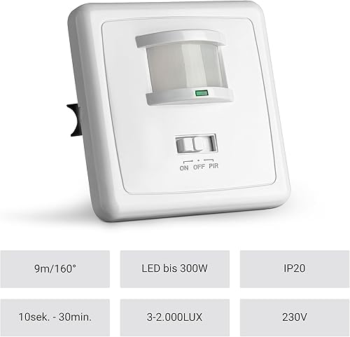 SEBSON Bewegungsmelder Innen Unterputz, LED geeignet, Wand Montage, IR Sensor programmierbar, UP Dosen 60mm, Hohlraumdose 68mm, Reichweite 9m/160°, 3-Draht - Cheap-Us