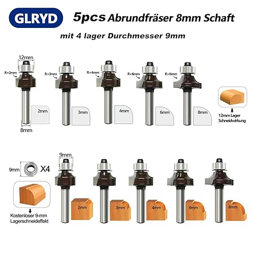 glryd 5 Stück Abrundfräser 8mm Schaft,Hartmetall Radiusfräser mit Kugellager Rundfräser, Runde Über Fräser Bits-Radius 2-3-4-5-8,für Zimmerei Fasen Holzbearbeitung Trimmen - Cheap-Us