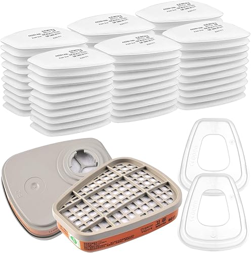 6001 Filter für Atemschutzmaske Set, Filter gegen Organische Dämpfe Set, Baumwollfilter Filters, 60 Filterbaumwolle + 2 Filter und 2 Abdeckkappen für Handwerker, Heimwerker, Farbspritz - Cheap-Us