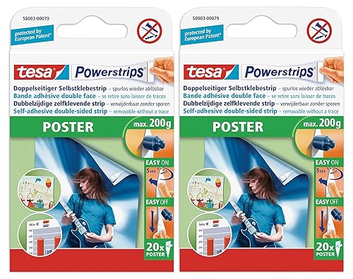 tesa Powerstrips® Poster-Klebestreifen, max. 200 g, spurlos wieder ablösbar (1 Packung mit 20 Stück) (2 Packungen) - Cheap-Us
