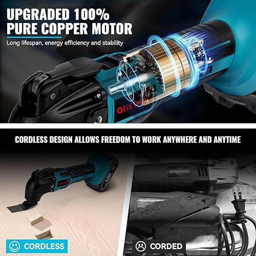 ONEVAN Multifunktionswerkzeug Akku mit 2 1.5Ah Akkus, Multitool Akku Oszillationswerkzeug mit 22 Zubehör, 4°Oszillationswinkel & 6-Gang 20000RPM, Multifunktionstool zum Schneiden Schleifen Polieren - Cheap-Us
