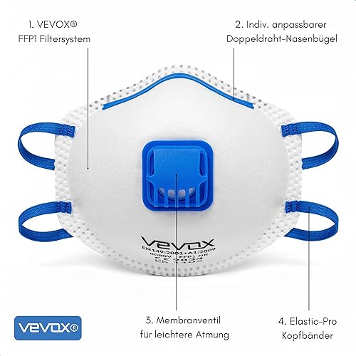 VEVOX® FFP1 Maske mit Ventil – 5er, 10er oder 20er Set – Staubmaske – Atemschutzmaske – Staubschutzmaske – Feinstaubmaske – Atemschutz z.B. gegen Feinstaub, Schleifstaub oder Baustaub - Cheap-Us