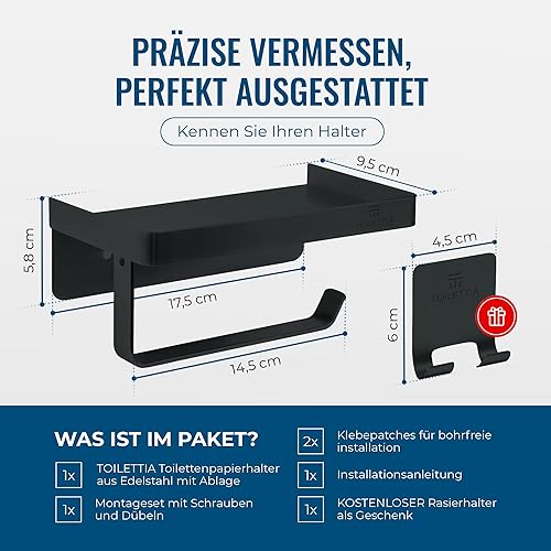 TOILETTIA® Toilettenpapierhalter mit Ablage, Montage mit/ohne Bohren, vielseitige Ablage mit sicheren Rändern für Wertgegenstände – langlebiger und rostbeständiger SUS304-Edelstahl WC Papierhalterung - Cheap-Us
