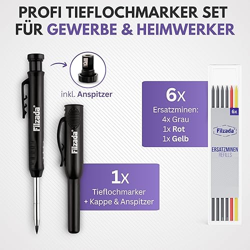 Filzada® 2x Tieflochmarker mit 24 Extraminen - in 3 Farben- Zimmermannsbleistifte mit Köcher/Kappe - Bohrlochmarker - Bleistift Baustelle - Markierstift - Tieflochmarker Bleistift - Markierstifte - Cheap-Us