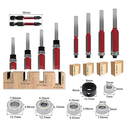 CSOOM 10 Stück Bündigfräser mit 2 Schlagmagnetbits, 6 Lager, 2 Schraubenschlüssel, 8mm Schaft Bündigfräser-Set，Hartmetallfräser, Werkzeuge für die Holzbearbeitung - Cheap-Us