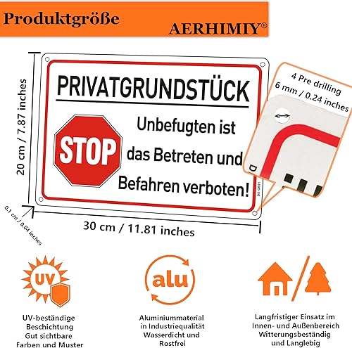 Privatgrundstück Schilder Metall Reflektierend 20x30 cm, Privatgrundstück Betreten und Befahren Verboten Schild Aluminium UV-beständig, Wasserfest, Rostfrei, mit Bohrlöcher - Cheap-Us