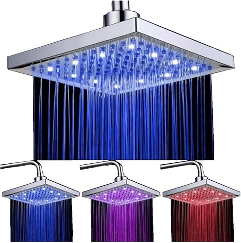 Duschkopf Regendusche 8 Zoll, Regenduschkopf 20x20cm Eckig, Temperatur Control 3 Farbwechsel Wasser Flow Powered Top Sprühduschkopf, ABS Chrome Finish 12 LEDs, Langlebig Und KorrosionsbestäNdig - Cheap-Us