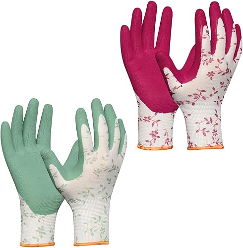 Gebol Flower Duo | 2 Paar | Größe S (Gr 7) | Gartenhandschuh Doppelpack in den Trendfarben 2023 | Arbeitshandschuh mit Blumenmuster | weiche Latex Beschichtung für guten Grip | für Damen | rot, grün - Cheap-Us