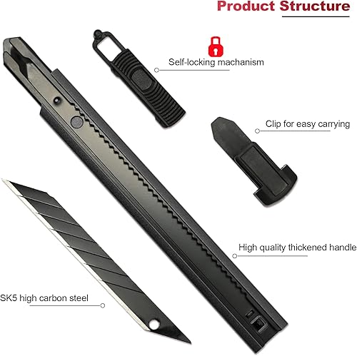 FOSHIO 3 Stück Professional 9mm Messer Cuttermesser mit 30 pcs 30°Abbrechklingen, Cuttermesser Profi, Cutter klingen für Folien, Papier, Basteln und Tapete Schwarz - Cheap-Us