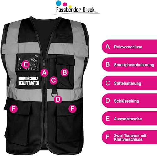 Fassbender-Druck WARNWESTEN - Sicherheitsweste GELB mit Taschen und Reißverschluss nach EN ISO 20471 zertifiziert - Warn Weste für BRANDSCHUTZBEAUFTRAGTER - Unisex mit hochwertigem Reflektorstreifen - Cheap-Us