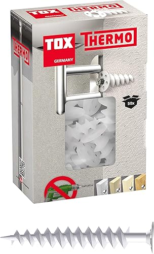TOX Dämmstoffdübel Thermo 50 mm, Dübel für Dämmstoff ohne Vorbohren oder Spezialwerkzeug, verhindert Wärmebrücken, für EPS, XPS 20, PUR und Holzfaserplatten, 50 Stück im Karton, 072100221, Weiß, 50mm - Cheap-Us
