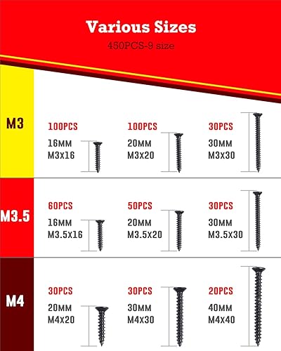 YOOPIN Schrauben Set, 450 Stück Holzschrauben Set, M3 M3.5 M4 Schrauben Sortiment, Farbe Zink Selbstschneidende Schrauben, Phillips Senkkopf Holzschrauben Sortiment, Schrauben für Holz und DIY-Projekt - Cheap-Us